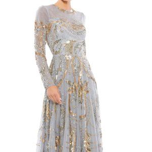 MAC DUGGAL 5217 LONG SLEEVE EMBELLISHED ILLUSIONS NECK PLATINUM/GOLD GOWN sz 18